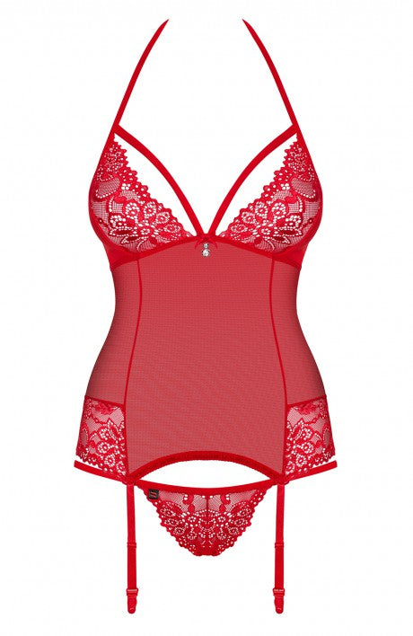 Charming Red Lace & Mesh Bustier Lingerie Set