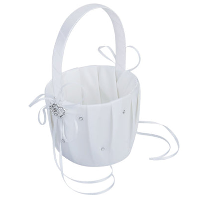White Satin Crystal Embellished Flower Girl Basket For Wedding