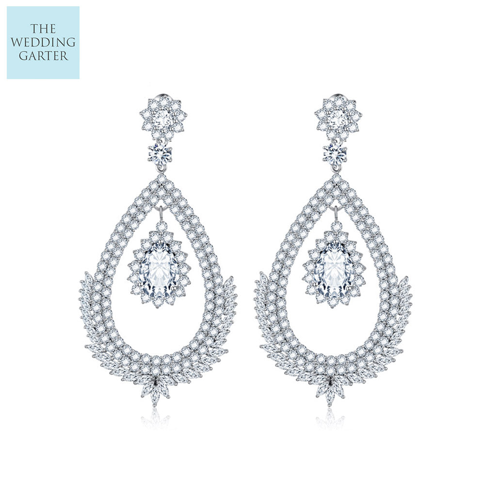 Long Dangle Round CZ Diamond Chandelier Earrings