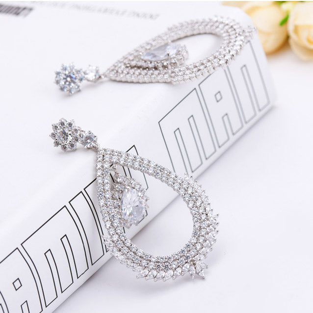 Long Dangle Round CZ Diamond Chandelier Earrings