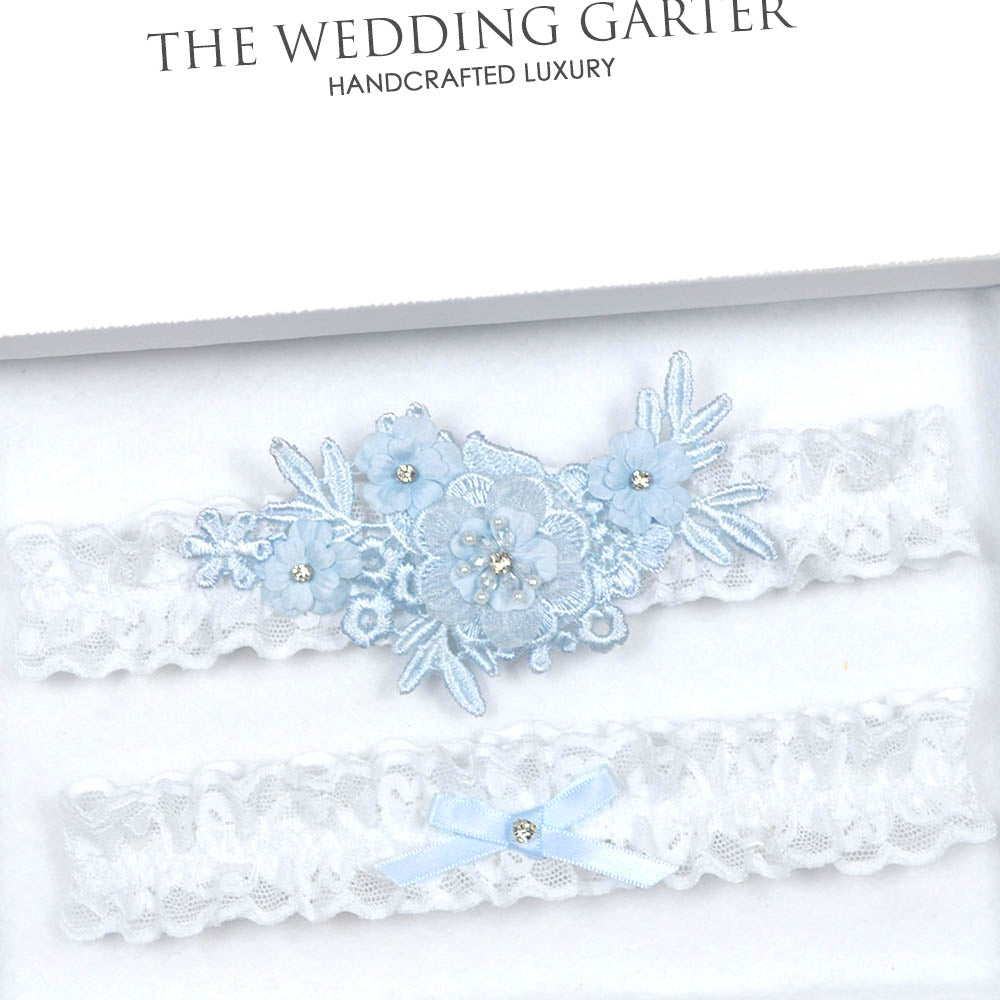 blue applique bridal garter set
