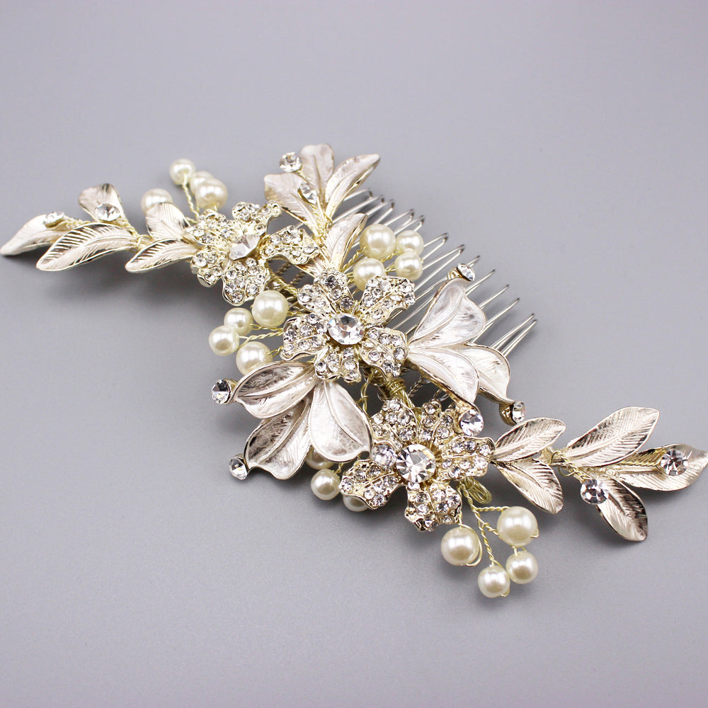 Floral Bridal Headpiece Comb With Pearls & Crystals