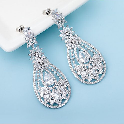 Extravagant Cubic Zirconia Big Chandelier Wedding Earrings