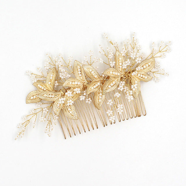 Chic Floral Pearl & Gold Bridal Headpiece Comb Australia