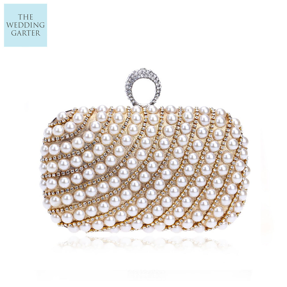 gold evening clutch with pearls