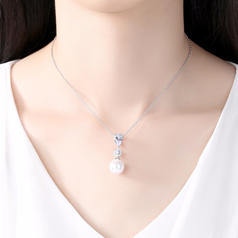 Cubic Zirconia & Pearl Drop Pendant Necklace