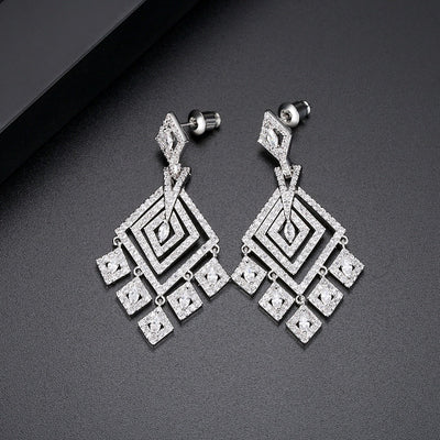 Luxury Micro Pave CZ Diamond Long Dangle Bridal Earrings