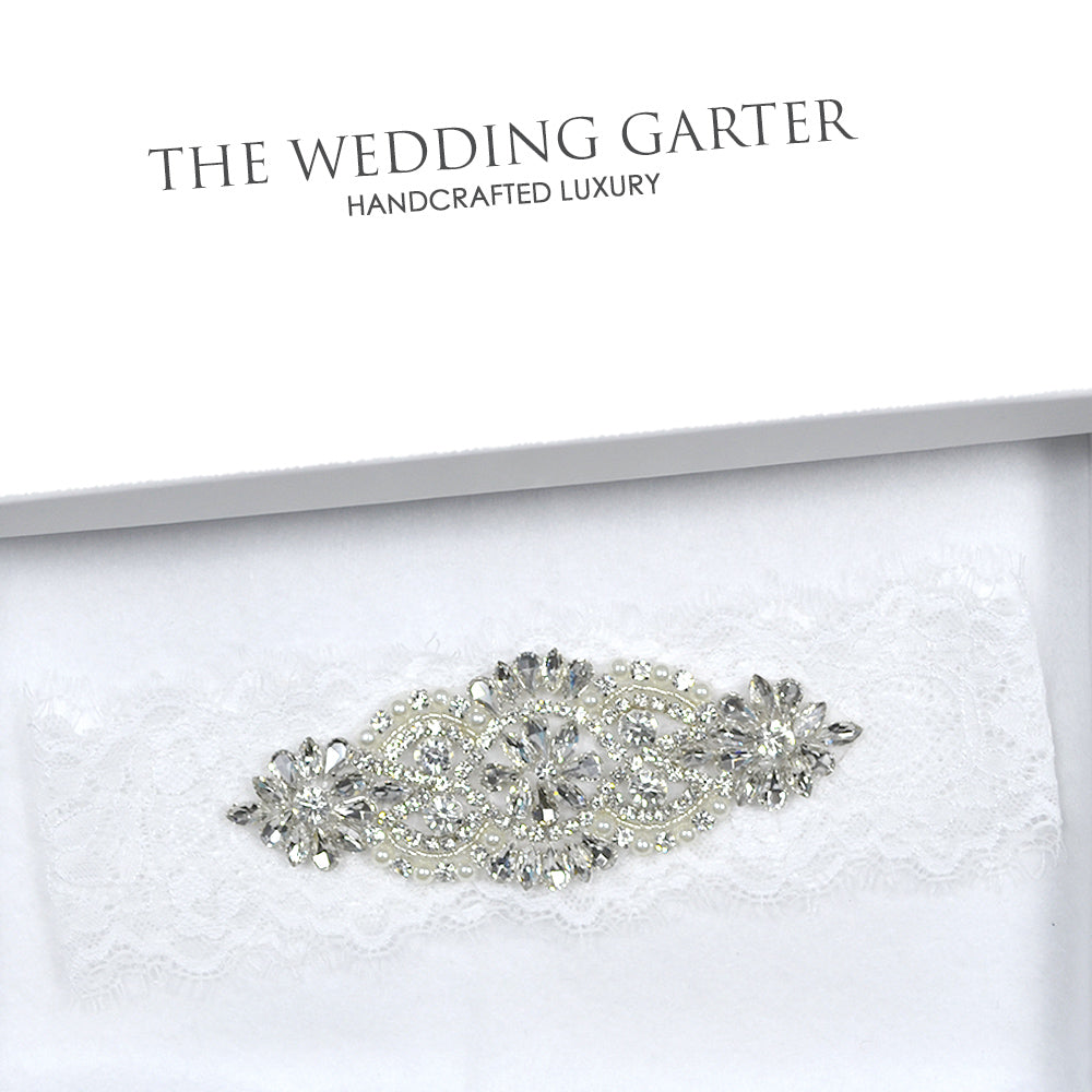 Eva White Eyelash Lace Rhinestone Bridal Garter (2 Colours)