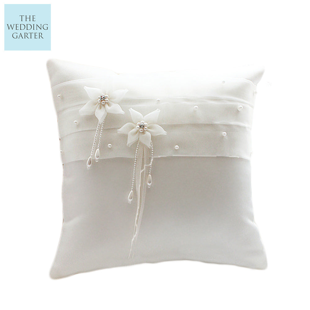 flower ivory satin ring bearer pillow