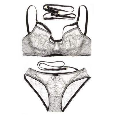 Sexy European Black & White Lace Cut Away Underwire Bra Set