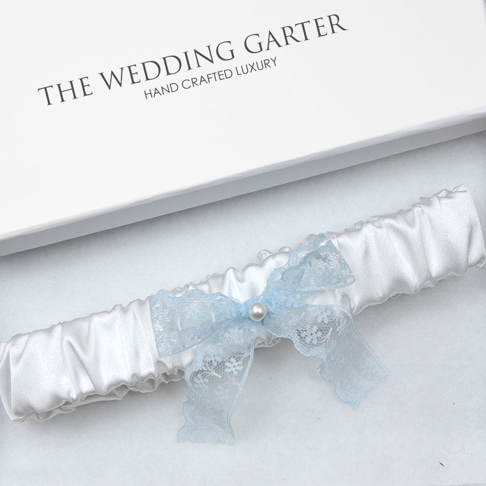 Belle White & Blue Satin Wedding Garter