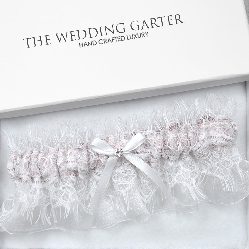 Rachel White Chantilly Lace Pink Bridal Garter