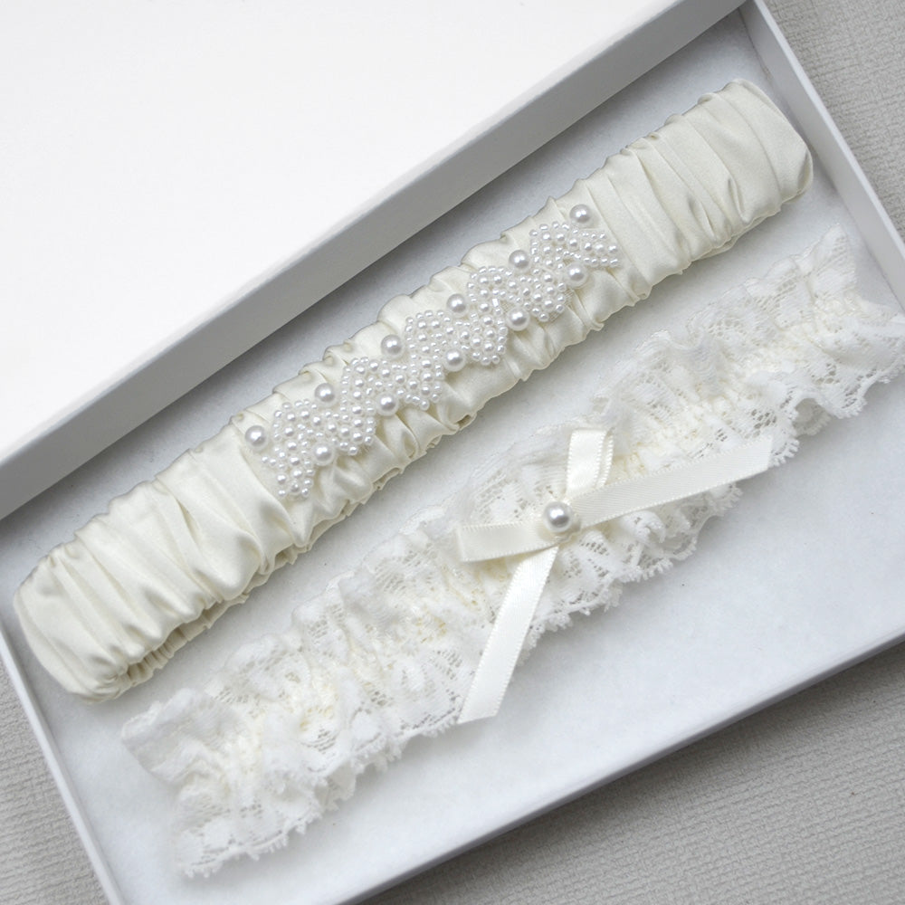 Heidi Ivory Satin & Lace Wedding Garter Set