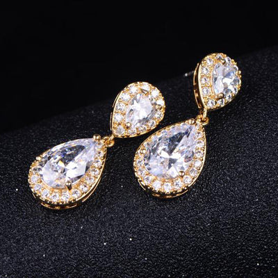 Classic Womens CZ Diamond Gold Drop Earrings