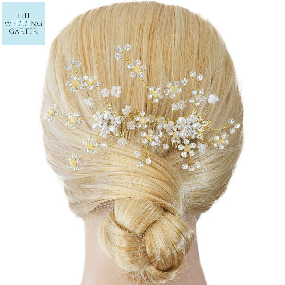 Pearl & Rhinestone Gold Hair Vine Jewellery For Wedding