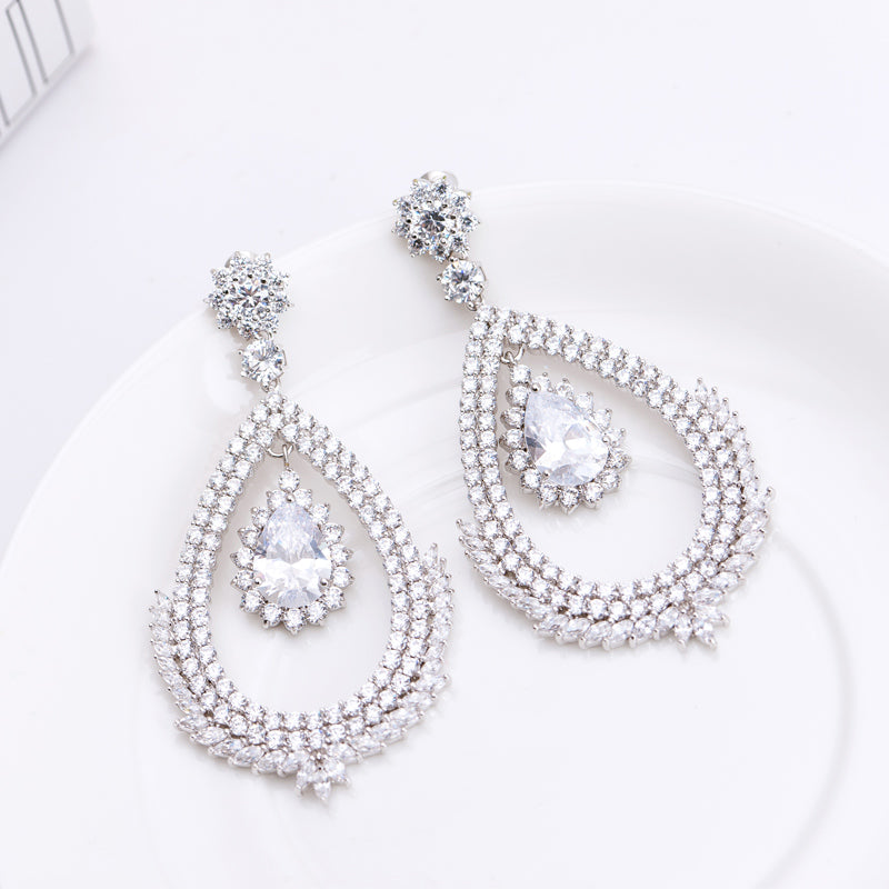 Long Dangle Round CZ Diamond Chandelier Earrings
