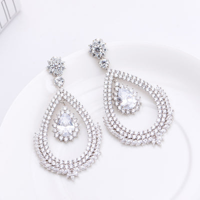 Long Dangle Round CZ Diamond Chandelier Earrings