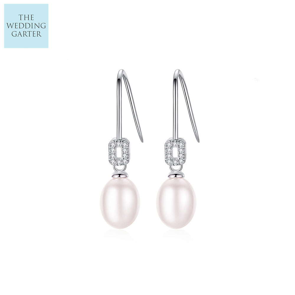 Pale Pink Freshwater Pearl & CZ Diamond Sterling Silver Earrings