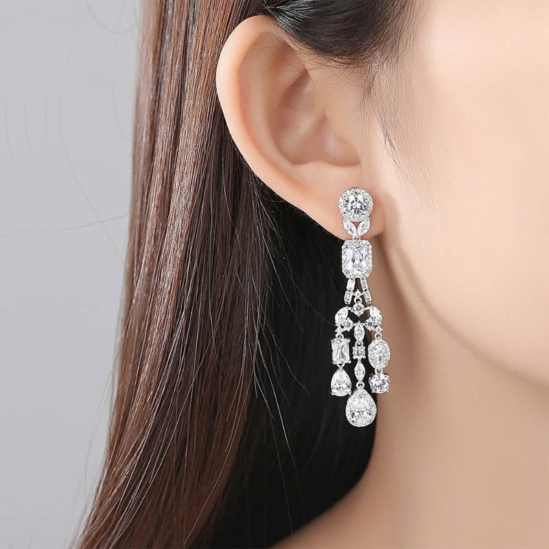 Gorgeous Long Silver CZ Diamond Bridal Earrings
