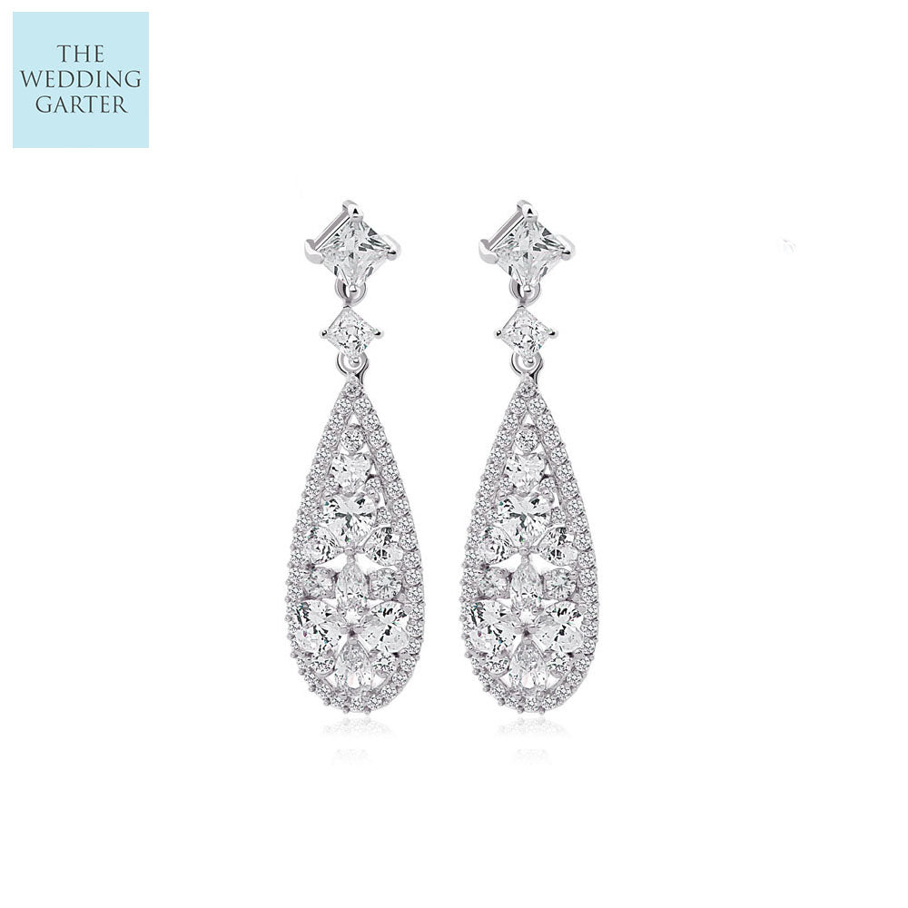 Geometric Long Drop CZ Diamond Bridal Earrings