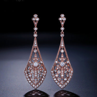Rose Gold Vintage Style CZ Pave Drop Earrings