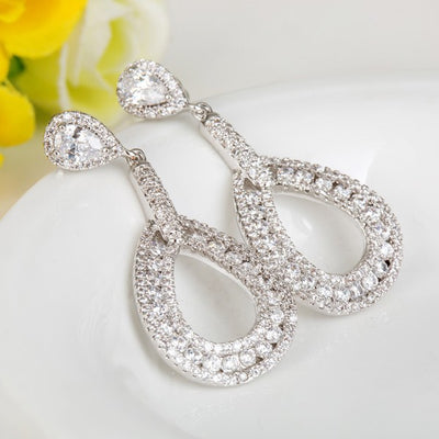 Luxury Round Micro Paved Long Drop Bridal Earrings