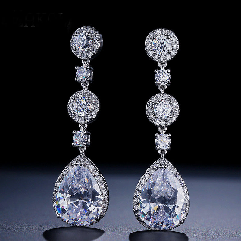 Luxury Gold Long Dangle CZ Bridal Earrings