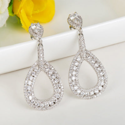 Luxury Round Micro Paved Long Drop Bridal Earrings