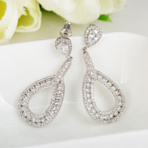 Luxury Round Micro Paved Long Drop Bridal Earrings