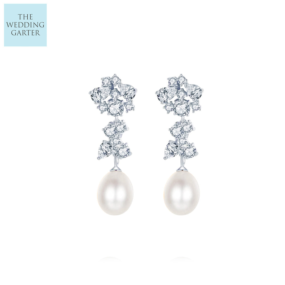 natural pearl and diamond bridal earrings
