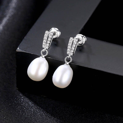Ivory Natural Pearl & CZ Diamond Sterling Silver Drop Earrings