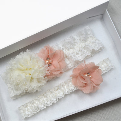 Bloom Ivory & Peach Romantic Floral Lace Wedding Garter Set