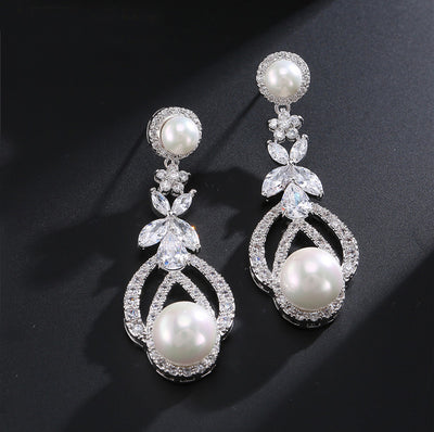 Statement Long Drop Pearl & Cubic Zirconia Earrings