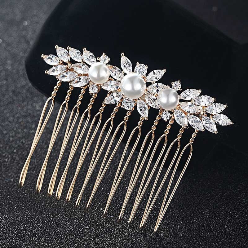 CZ Diamond & Pearl Gold Bridal Hair Accessories Comb