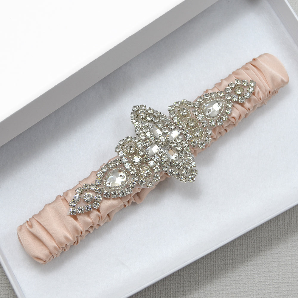 Diana Blush Pink Bridal Garter With Rhinestone Applique (18 Colours)