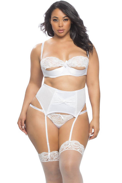 White Peek A Boo Bra Set With Garterbelt