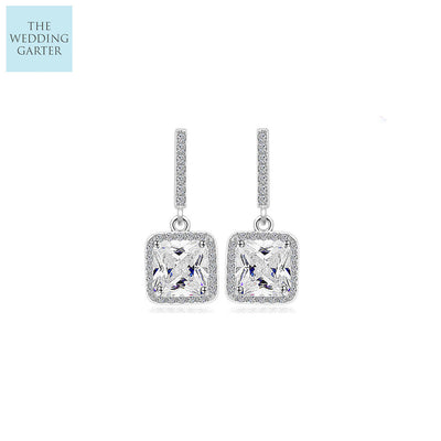 Simple Princess Cut CZ Diamond Drop Bridal Earrings