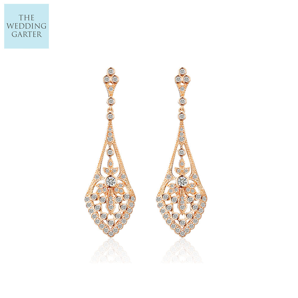 Rose Gold Vintage Style CZ Pave Drop Earrings