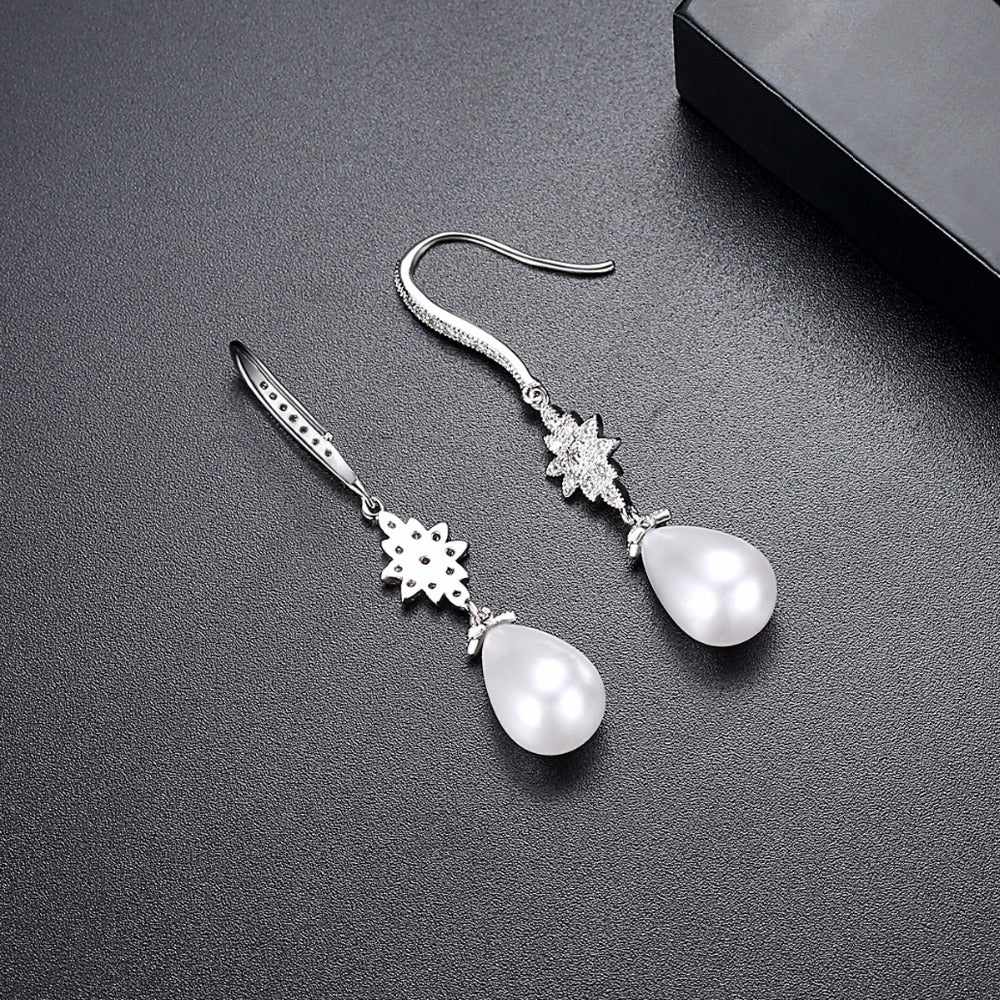 White Pearl & CZ Diamond Hook Back Wedding Earrings