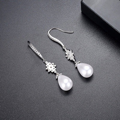 White Pearl & CZ Diamond Hook Back Wedding Earrings