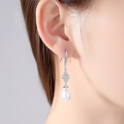 White Pearl & CZ Diamond Hook Back Wedding Earrings