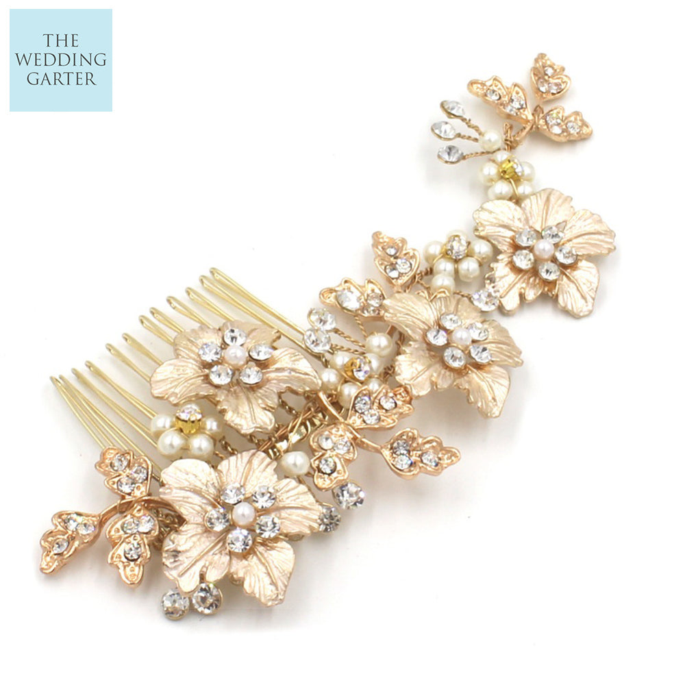 Exquisite Gold Rhinestone & Pearl Luxury Wedding Hair Comb