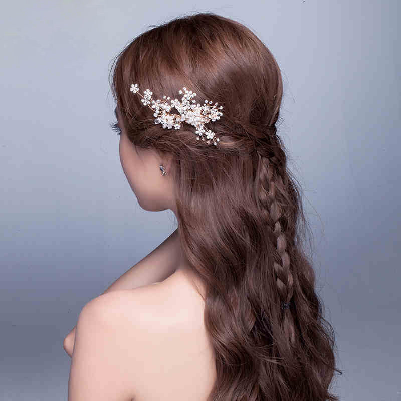 Gold Vine Pearl & Rhinestone Floral Hair Jewellery For Wedding