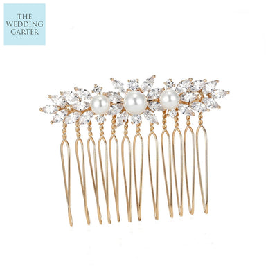 CZ Diamond & Pearl Gold Bridal Hair Accessories Comb