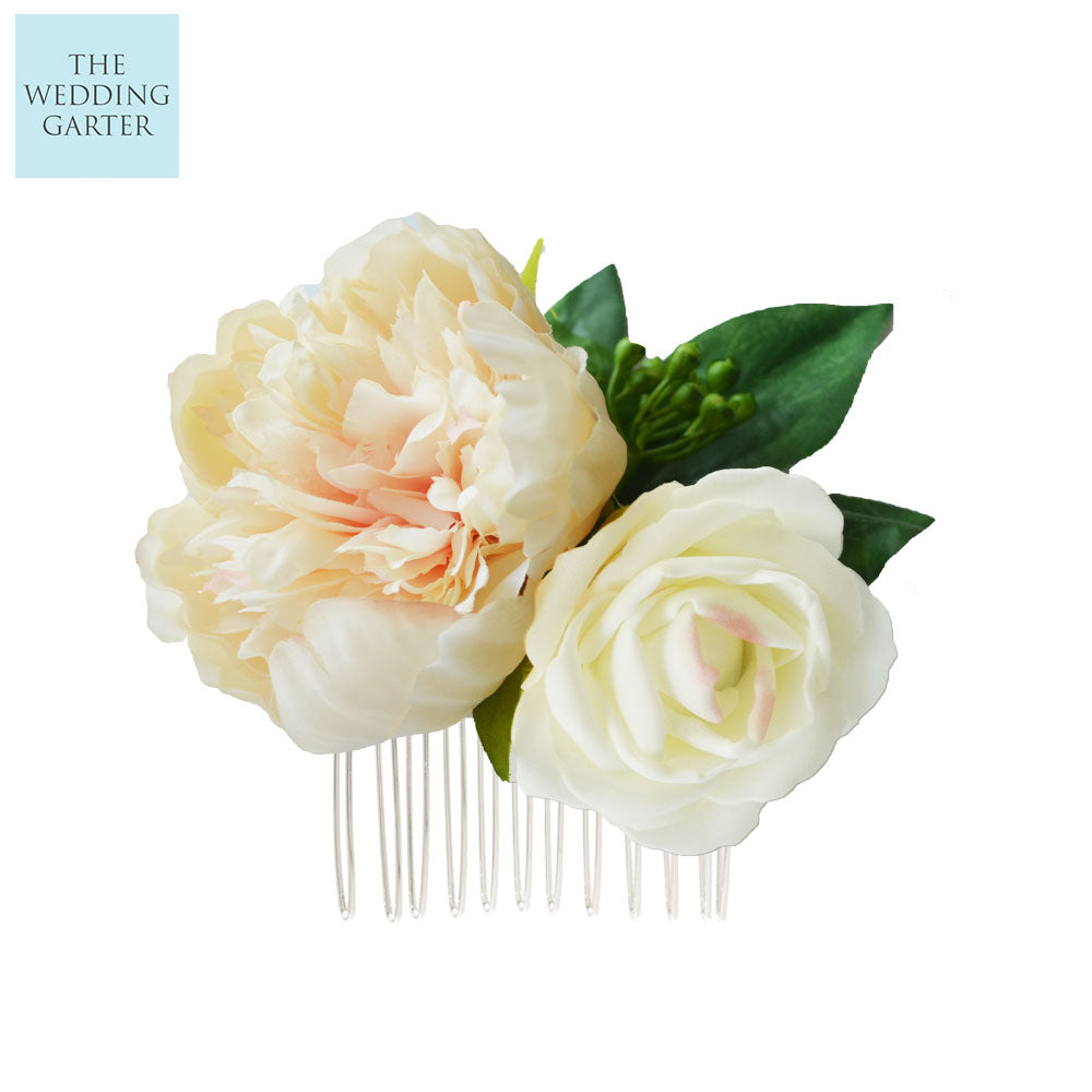 Peach Peony & Ivory Rose Hair Flowers For Hair Accessories