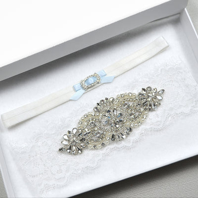 Eva White Eyelash Lace Rhinestone Bridal Garter Set