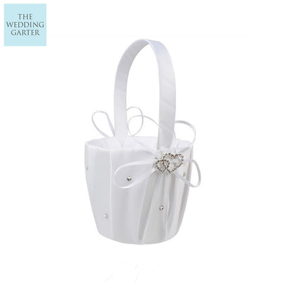 White Satin Crystal Embellished Flower Girl Basket For Wedding