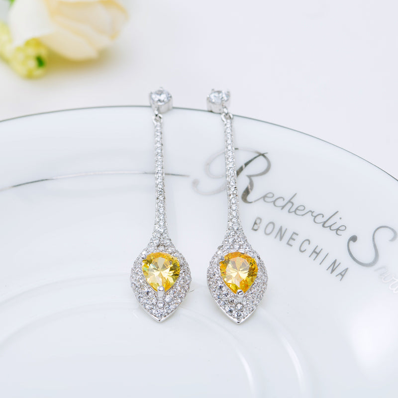 Unique Canary Yellow CZ Diamond Drop Pave Event Earrings